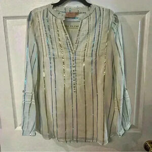 Rungolee Tunic Blouse Women Size XS White with Blue and Silver Metallic Stripes
